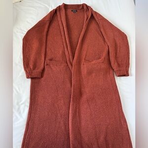 Rust-Red Long Open-Front Knit Cardigan